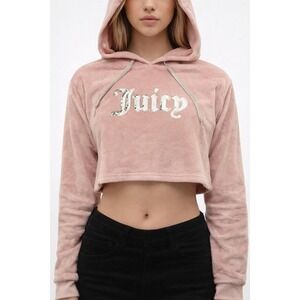 Y2K Juicy Couture Sequin Cropped Hoodie Medium Pink Silver Relax Fit Logo Fleece
